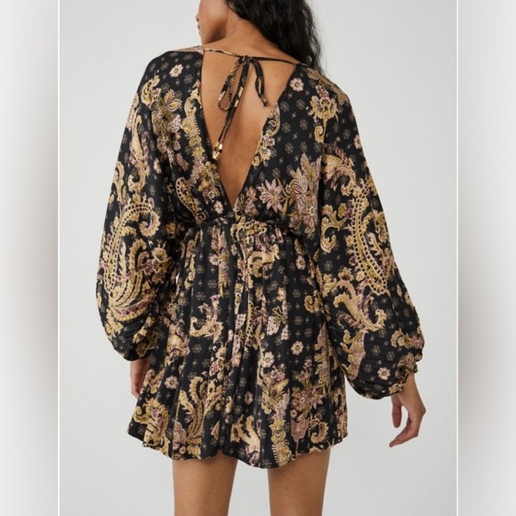 FREE PEOPLE Black and tan print ARZEL double V neckline mini dress size M - Picture 8 of 15